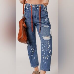 Ripped Splattered Rope Waist Cropped Jeans